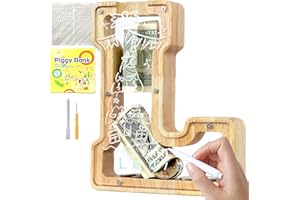 Lakpopya Spardose Kinder Buchstaben aus Holz für A-Z Personalisiert Sparschwein Durchsichtig Alphabet Sparbox, Geschenk Dekoration Taufe für Jungen Mädchen (L)