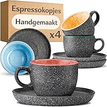 ERBO Set van 2 espressokopjes, 70 ml, premium espressokopjes met handvat, mini-theekop, koffiekop van keramiek, kleine espressokopjes, espresso- en mokkatassen, koffiekopjes voor espresso, thee, zwart