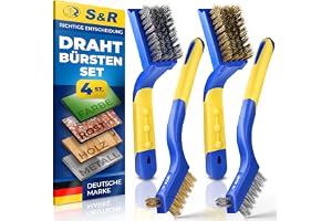 S&R 4-delad trådborstset, rostfritt stål, stålborste, mässingsborste, färg | Trådborste, liten, grillborste, rostborste, metallborste, halkfritt gummerat mjukt handtag, för rost, beläggningar