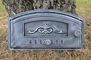 SEZAM Backofentür aus Gusseisen mit Luftregulierung, nach links öffnend, Pizzaofentür - Brotofen - Steinofentür, 48,5 x 6,5 x 27,5 cm - halbrund, altsilberne Bemalung