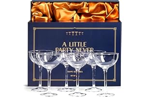 SAY HO UM Verres à champagne vintage en cristal | Lot de 6 | Verres à cocktail classiques – Martini, Manhattan, Cosmopolitan, Sidecar, Daiquiri | Soucoupes style rétro années 1920 Speakeasy | Boîte de rangement