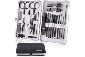 JUBOLION Manicure Set, 19 Pieces Professional Stainless Steel Nail Clippers with Black Leather Storage Case, Portable Care Kit for Travel or Home, Gifts