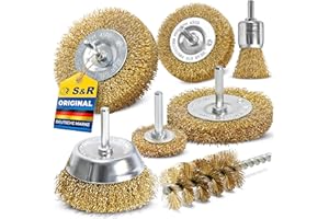 S&R Drahtbürste Set 7-teilig für Bohrmaschine Stahldraht vermessingt - Rundschaft 6mm - Scheibenbürsten 38, 50, 75, 100 mm, Topfbürste 75 mm, Pinselbürste 25 mm, Rohrbürste Drahtbürstensatz