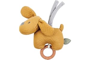 Nattou Musical Plush Soft Toy with Teething Ring and Ties, Cuddly Sleeping Aid, Integrated Music Box, No Batteries Needed, Hand Washable, PETA-Approved Vegan, Jacquard, Charlie the Dog, Caramel, 20 cm