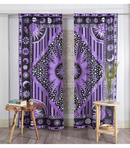 Tenda Indiana In Cotone Fatta A Mano Con Mandala - 2 Pannelli 104x208 Cm, Decorazione Boho Per Soggiorno E Camera Da Letto, Colore Giallo - 2
