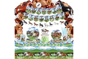 LSJDEER Horse Birthday Party Decoration - Horse Party Favors, Plates Cups Napkins Tablecloth Happy Birthday Banner Balloons Arch Cake Toppers for Horse Racing Cowboy Western Birthday Party Supplies