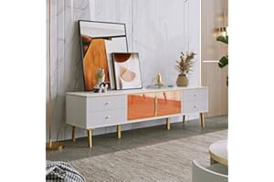 Merax Mueble TV de 170 cm con luces LED, moderno mueble de TV efecto mármol, mesa de televisión con 4 cajones y 2 puertas de cristal templado para salón, color blanco y dorado, 170 x 37 x 47,5 cm