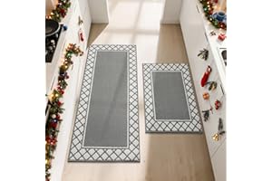 COSY HOMEER Kitchen Rug Mat Sets, 2 Pieces Nonslip Washable Kitchen Floor Mats Rugs, TPR Backing Carpet Runner Rugs for Hallway Entrance Dining Room, 60X89cm+60X152cm, Grey