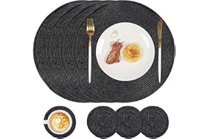 famibay Placemats and Coasters Set of 4 Round Woven Placemats Washable Heat Resistant Place Mats Round Table Mats and Coasters Black for Kitchen Dining Table