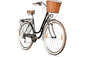 ‎BERGSTEIGER Bergsteiger Marseille 26, 28 Zoll Damenfahrrad, ab 150 cm, Korb aus Rattan, Fahrrad-Licht, Damen-Citybike, Damenrad im Retro-Design«, 6 Gang Tourney Schaltung, Kettenschaltung