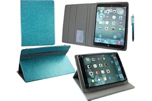 Emartbuy Universal 9.1 Inch - 10.5 Inch Turquoise Multi Angle Folio Wallet Case Cover With Card Slots Grey Interior Grey Elastic Strap and Stylus Pen Compatible With Selected Devices Listed Below