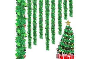 Artisoul 18M Espumillón Navideño Verde con Bayas Rojas y Hojas de Acebo, 9X Guirnalda Navidad 2M para Árbol, Escaleras, Chimenea, Ventanas y Decoración Interior y Exterior, Verde