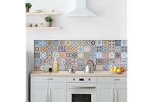 ‎CREARREDA CREARREDA Spritzschutz für Küche, Wandaufkleber Azulejos von Sevilla 260x60 cm 100% Made in Italy Küchenrückwand mit ungiftiger Tinte, Spritzschutz Pfannen schwer entflammbar und wasserbeständig