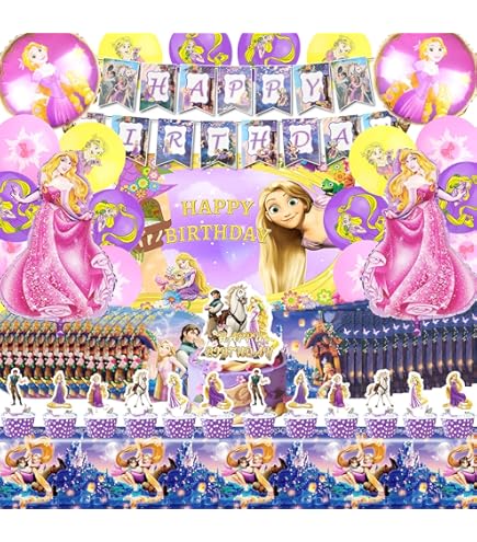 Kit Decorazioni Compleanno Rapunzel 80 Pezzi - Palloncini, Stoviglie, Sfondo, Per Feste Bambina - Foto 4