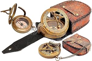 Hanzla Collection Sonnenuhr mit Ledergehäuse, antikes Finish, Kupfer-Zifferblatt, Kompass und Sonnenuhr, handgefertigt, Steampunk-Accessoire