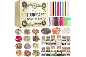 TASSIKA Kit de iniciación de brujería, suministros de brujería para altar wiccano, paquete de 63 cristales de hierbas secas, velas mágicas de colores, bolsas de abalorios y sal ritual de brujas para hechizos