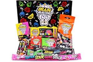 Brain Blasterz Petit coffret cadeau de bonbons aigres, Bonbons acides, bâtonnets de gomme à sucre aigre, barre à mâcher, Pomme, Fraise, Pastèque, Cola, Citron, Framboise, bonbons d'Halloween