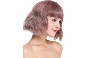 WIG ME UP - DL-052-612 Perruque dame courte frange carré long volumineuse ondulée vagues rose