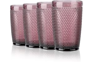 Joeyan Set de 4 Vasos de Cristal Agua Púrpura, 350ml Vintage Taza de Vidrio con Relieve, Copa de Vino vajillas de Colores, Cristaleria para Bar Restaurante en Casa, Apto para Lavavajillas