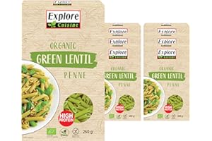 Explore Cuisine Organic Green Lentil Penne: Gluten Free Pasta High in Protein and Fibre, Perfect for Vegan Diets, Lower in Carbs than Regular Pasta (6 x 250g)