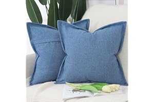 Madizz 2 Pezzi Lino Copricuscini con Bordo Largo Morbido Decorativo Fodere per Cuscino Lusso Stile per Divano Camera da Letto 50x50 cm Blu Denim
