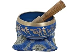 Ajuny Tibetan Singing Bowl Set Handmade Brass Sound Bowl with Mallet & Cushion Thangka Art Design Meditation Yoga Mindfulness & Chakra Healing Therapy Stress Relief Gift (Blue, 4 In)