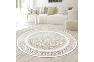 Teppich-Traum Dywan do salonu, sypialni, dywan z krótkim włosiem, nowoczesny, szlachetny, orientalny, błyszczący, ornamenty, kremowy, beżowy, 160 cm, okrągły