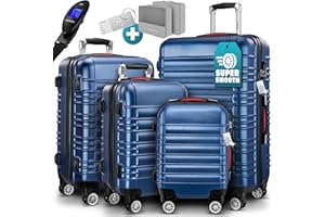 MONZANA® 4tlg Kofferset Schloss Organizer Kofferwaage Gurt Gel-Griffe Zwillingsrollen Standfüße Trolley Reisekoffer Hartschale Koffer S-M-L-XL Blau