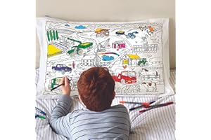 eatsleepdoodle Colouring Pillowcase For Kids w/ 10pk Washable Markers For Kids - 75x50cm Cars, Tucks & Tractors Kids Colouring Pillowcase - Ultra Washable & Reusable Arts and Crafts For Kids