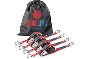 STURDLINK Sangles à Cliquet Automatique 5m 25mm Crochets J LC 350kg / 700kg en U | Enrouleur de Sangle Automatique | Sangle d’Arrimage Rétractable | Jeu de 4 + Sac | Utilitaire Fourgon Camion SUV | en 12195-2