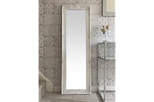 DOWNTON INTERIORS Tall Ornate AntIque White Dressing Wall Mirror with Bevelled Glass - Overall Size: 142cm x 47cm.