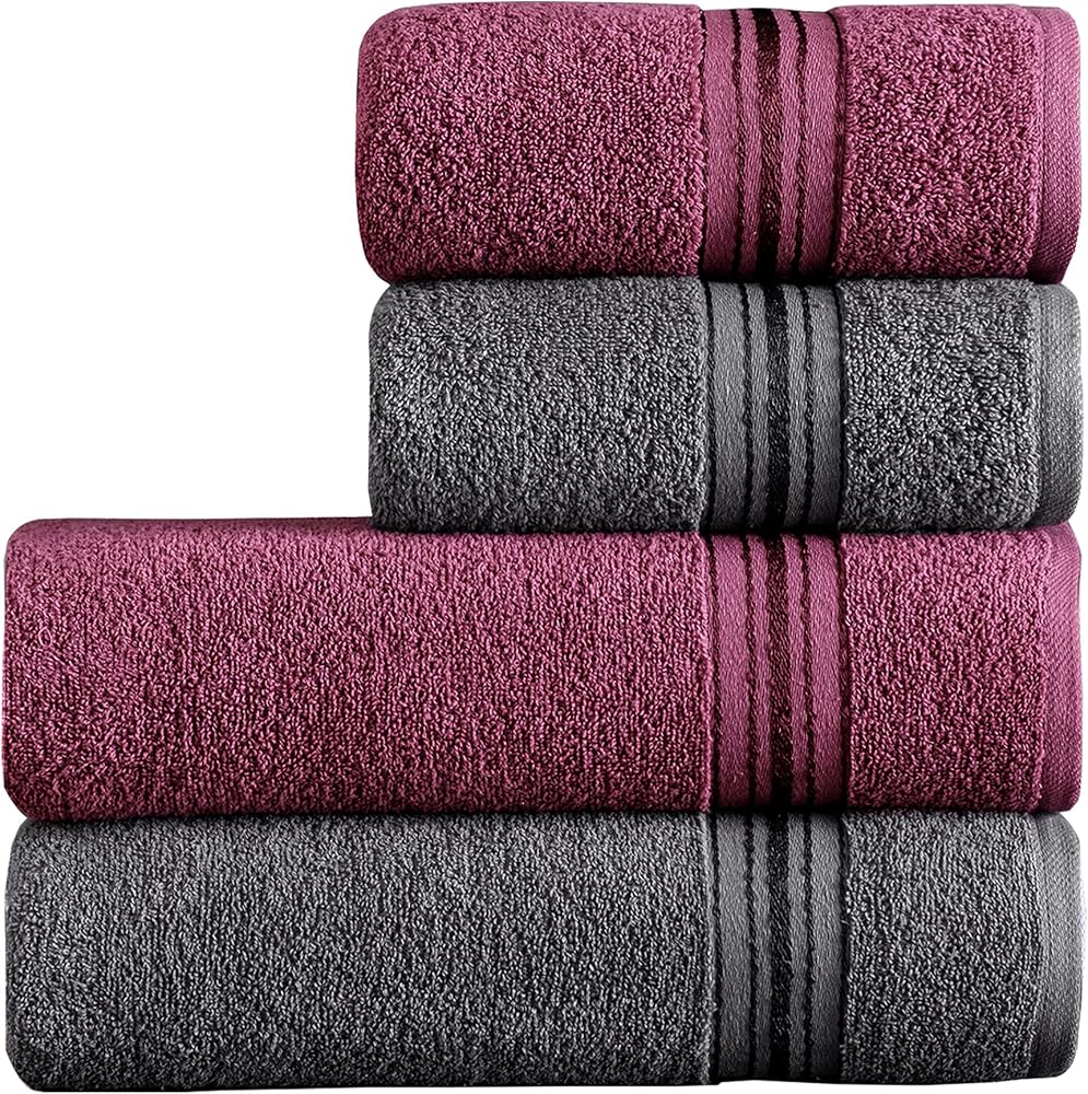 Mürdüm Home Molly Çift Renk Banyo Havlusu, 4'lü Paket 2 Parça (70x135),2 Parça (50x85) Yumuşak ve Emici, Kaliteli Günlük Kullanıma Uygun %100 Pamuk Havlu(Mürdüm-Gri)