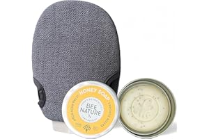 ‎BEE NATURE Bee Nature - Peeling Handschuh Grau & Seife Stück mit Seifenschale - Bio-Honig - Feuchtigkeitsspendend und Weichmachend – Lindert Akne und Ekzeme –für Alle Hauttypen Geeignet - 100g