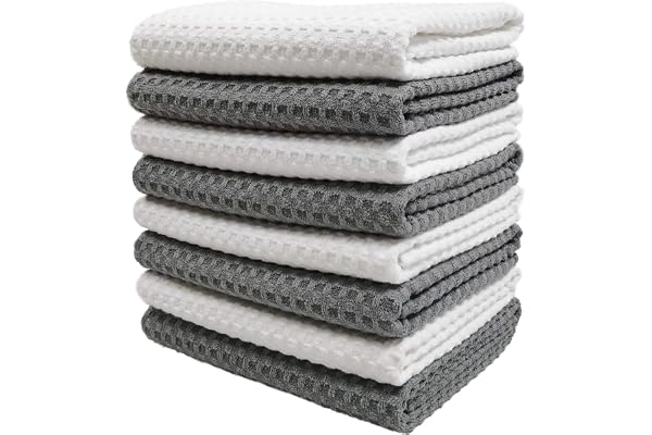 Polyte - 8 torchons de Cuisine en Microfibres Ultra Premium - Main/Vaisselle - Tissu alvéolé (Gris/Blanc, 40x71 cm)