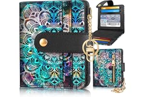 Pegmode Wallet Women Slim Cute Leather Thin Bifold Small Card Wallet Purse for Ladies Teen Girls Female Medium Aesthetic Tiny Boho Simple Unique Pretty Modern Credit Card Holder with Keychain RFID