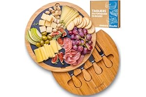 BlauKe Tagliere per Formaggi con Set di Coltelli per Formaggio, e Piatto in Ardesia Rimovibile - Tagliere in Legno di Bamboo per Aperitivo o Salumi - Vassoio da Portata Girevole - Idee Regalo