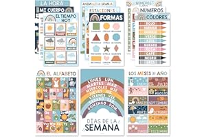 HADLEY DESIGNS 12 Boho-Spanisch-Poster für Klassenzimmer-Dekorationen für Vorschullehrer – Spanisch-Klassenzimmer-Poster, elementar, pädagogische Poster, zweisprachiges Lernen Spanisch für Kinder