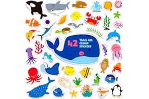 HEBAYY 42 PCS Calcomanías de gel de animales marinos, calcomanías espesas para ventanas y puertas, calcomanías removibles y reutilizables para niños, adultos, decoraciones de hogar y aula (no comestibles)
