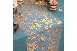 WELTRXE Christmas Table Runner, Snowflake Gold Foil Pattern, 28cm x 5M Sparkle Mesh Table Runner Roll, Reusable, Cuttable, Sparkling Table Decoration, Shinny Festival Party Sash Bows Dinner Decor