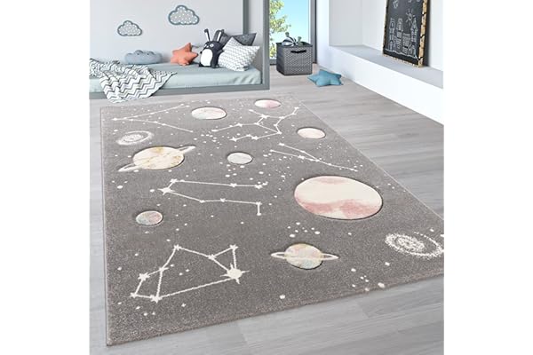 Paco Home Alfombra Infantil Juego Planetas Y Estrellas para Dormitorio Niños En Gris, tamaño:200x290 cm
