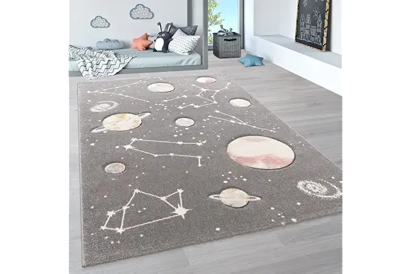 Paco Home Alfombra Infantil Juego Planetas Y Estrellas para Dormitorio Niños En Gris, tamaño:200x290 cm