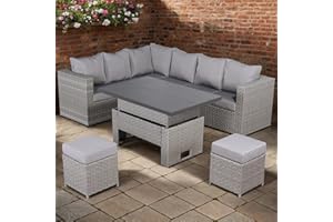 Club Rattan 8-Seater Harlow Range L Shape Garden Corner Sofa set with Rising Table in Large Grey Rattan, Outdoor Furniture Rattan Corner Sofa