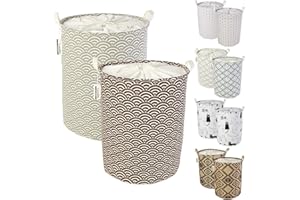 LessMo Cestas de Lavandería con Cordón, Cestas de Lavandería Desplegables y Plegables, Lino de Algodón Redondo Impermeable, [2 Piezas, Espesado 19,7 "/ Grande]