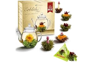Creano Teblommor presentset – blommat te med 500 ml glaskanna och 6 x vitt, svart, grönt te + teelini svart te bonuskula – 8 delar