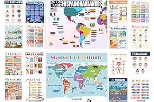 1STEP2DREAM Clase de Español para Niños Poster, 18 Pósteres Bohemios Decoraciones Bilingües para Estudiantes de Primaria, Tablas de Aprendizaje Resistentes al Agua