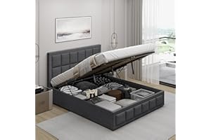 Blisswood Ottoman Bed, Upholstered Bed Frame, Ottoman Bed With Storage Gas Lift End Opening Wooden Slats Single Double Bed Frame With Storage (Linnen Dark Grey With Mattress, Double)