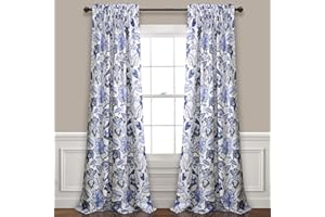 Lush Decor Cynthia Jacobean Darkening Window Curtains Set for Living, Dining Room, Bedroom, 95" L Panel Pair, Blue
