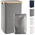 LONBET 100L Cesto Ropa Sucia con Tapa y Estructura de Bambú - Cubo Ropa Sucia Estético con Bolsa Extraíble, Asas Cómodas y Te