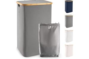 LONBET 100L Cesto Ropa Sucia con Tapa y Estructura de Bambú - Cubo Ropa Sucia Estético con Bolsa Extraíble, Asas Cómodas y Tela Transpirable para Uso Diario Eficiente - Laundry Basket, Gris