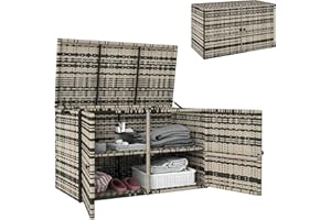 Outsunny Baule da Esterno da 350L a 2 Livelli in Rattan PE, Contenitore da Esterno con Pistoni a Gas e Telaio in Acciaio, 118x57x69 cm, Grigio